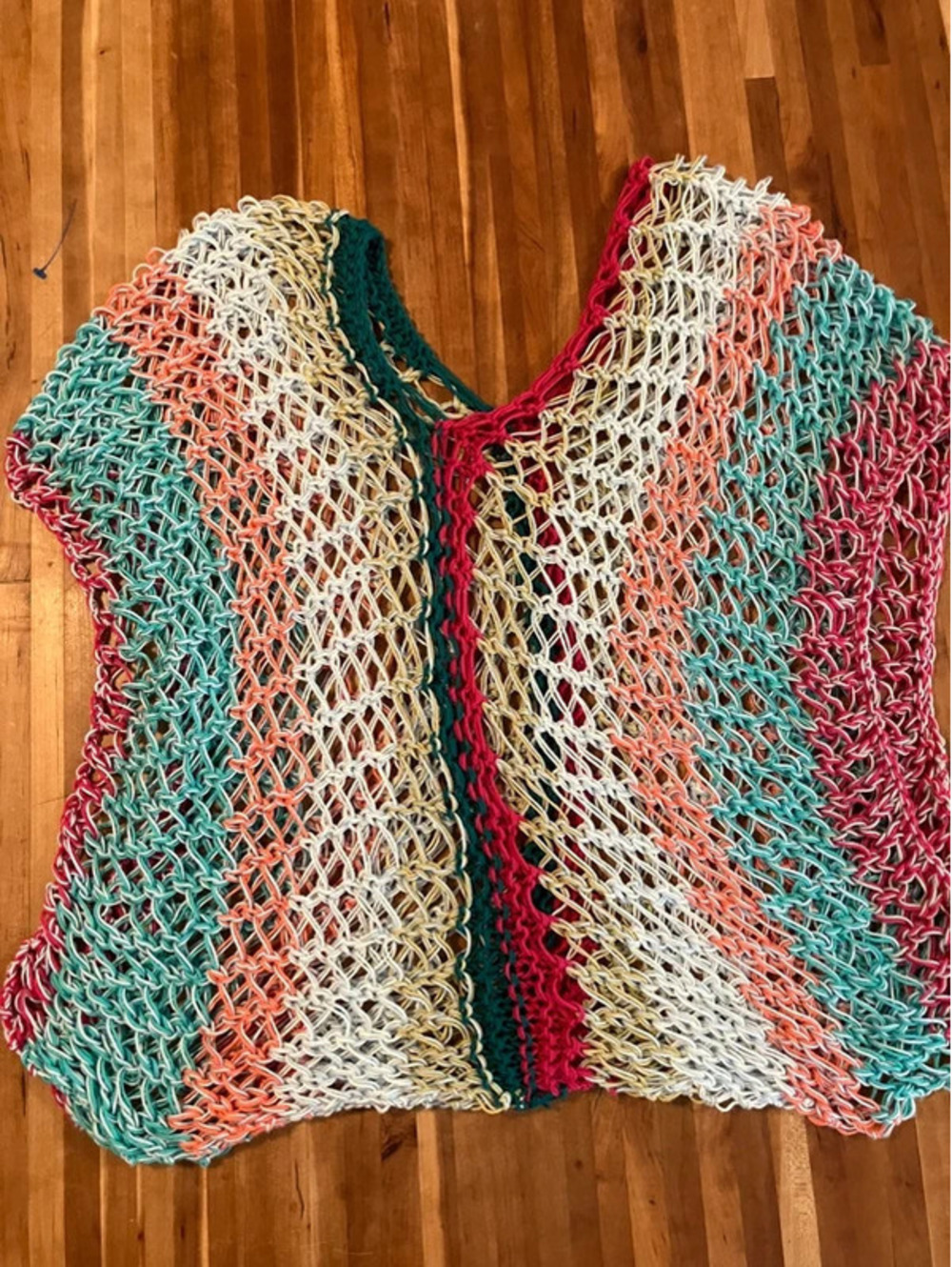Open Front Cardigan Vest Teal Coral Cream Striped Loose Mesh Knit